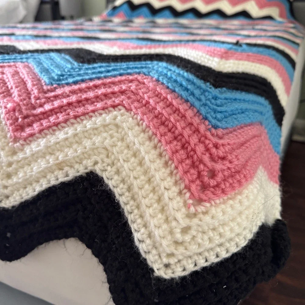 Handmade Crochet Afghan Blanket Chevron Ripple Pink Blue Black 80x132 Throw XL